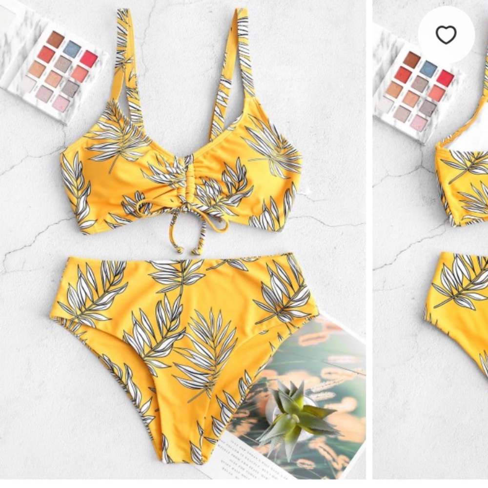 ZAFUL Cinched Leaf Print Lace Up Tankini Swimsuit